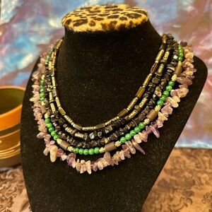 Stunning 5 handmade vtg necklaces amethyst, malachite, magnetite, smoky quartz..